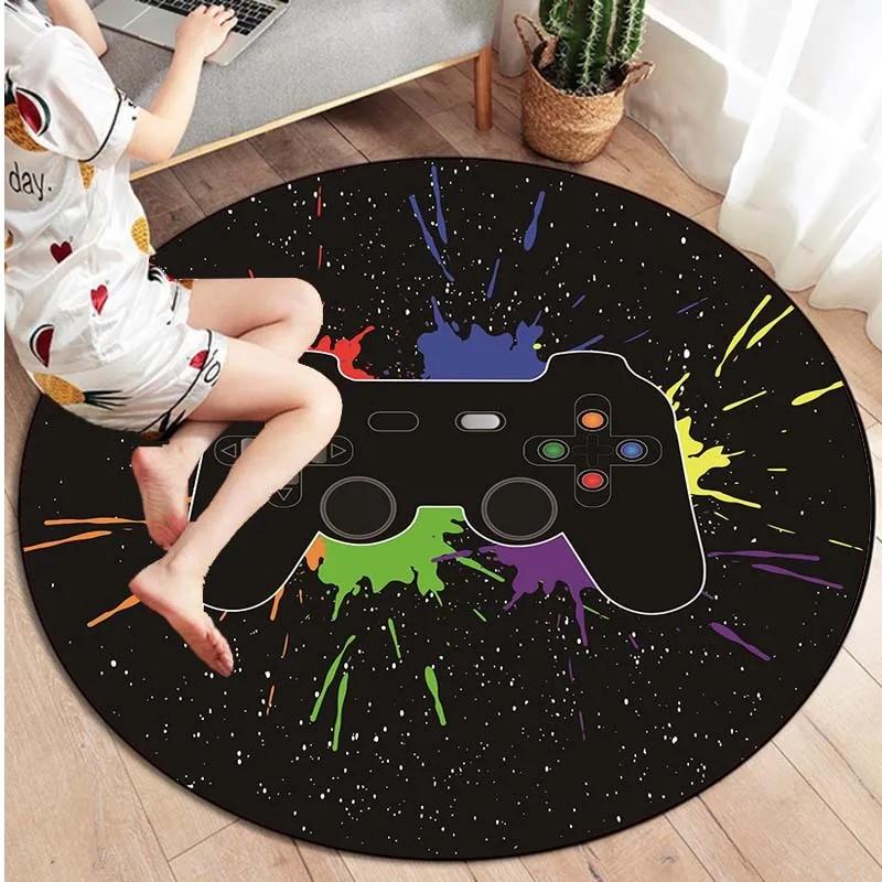 Cartoon Gamer Game Controller Round Area Rug,Circle Carpet Rugs for Living Room Children's Bedroom Sofa Decor,Non-slip Floor Mat