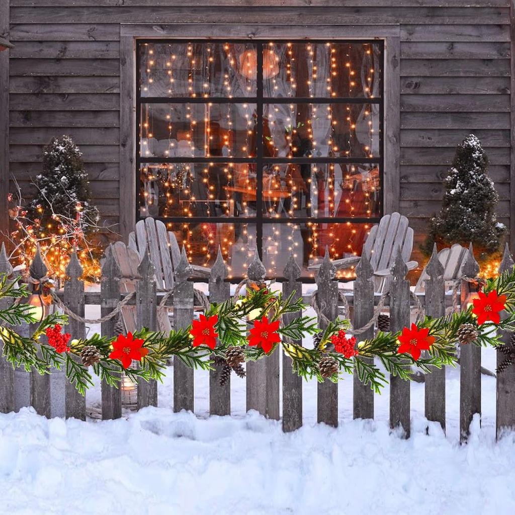 2 Pack 9' Pre-lit Flocked Christmas Garland, Lighted Poinsettia Spruce, Battery Operated, Green Red