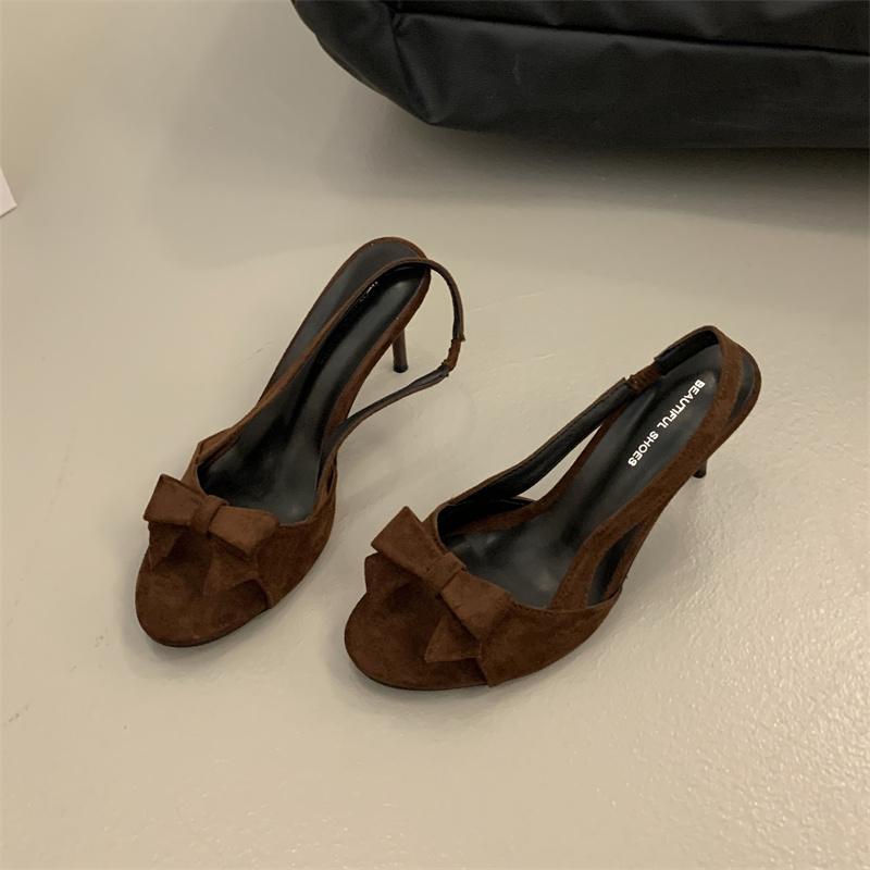 Fashion The 2025 Summer New French Bow Versatile Suede Thin Heel Sandals for Women To Wear with High Heels and A One-shoulder Strap