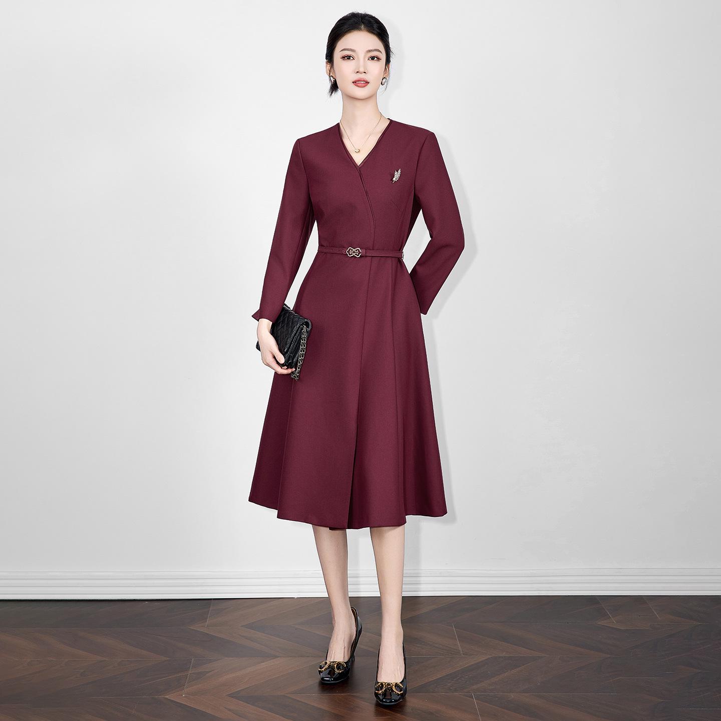 Nanyou Elegant V-Neck Long Sleeve Skirt for Autumn/Winter Medium вино красного