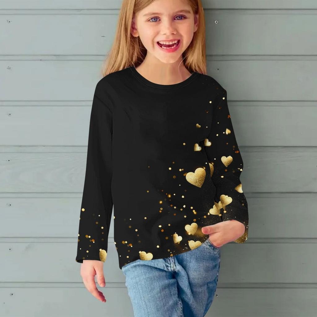 Fashion Children Casual Long Sleeved Letter Heart Pattern 3D Print Tops Funny Style Comfortable Round Neck Pullover Clothing