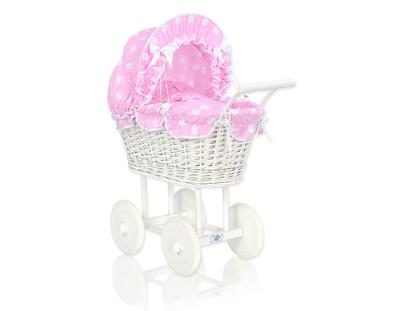 Tall Wicker Doll Stroller with Pink Bedding and Lining - White