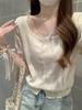 Bow Lace Knitted Sweater Short Sleeve Women's Summer Niche Square Neck Button Bottom T-Shirt Small Short Top