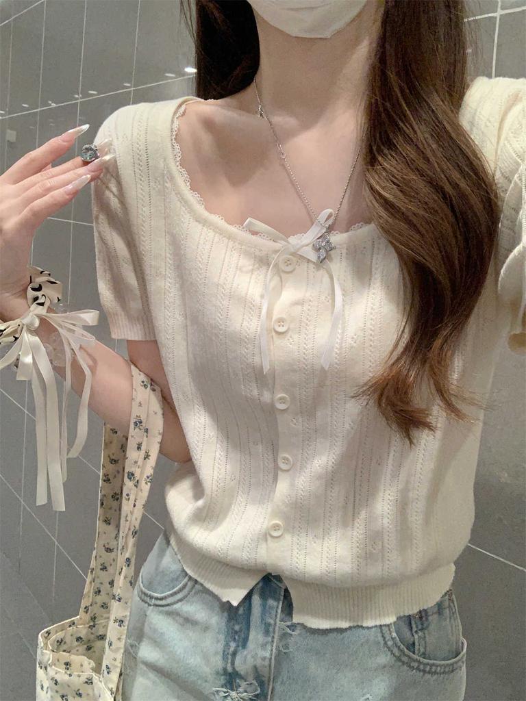 Bow Lace Knitted Sweater Short Sleeve Women's Summer Niche Square Neck Button Bottom T-Shirt Small Short Top