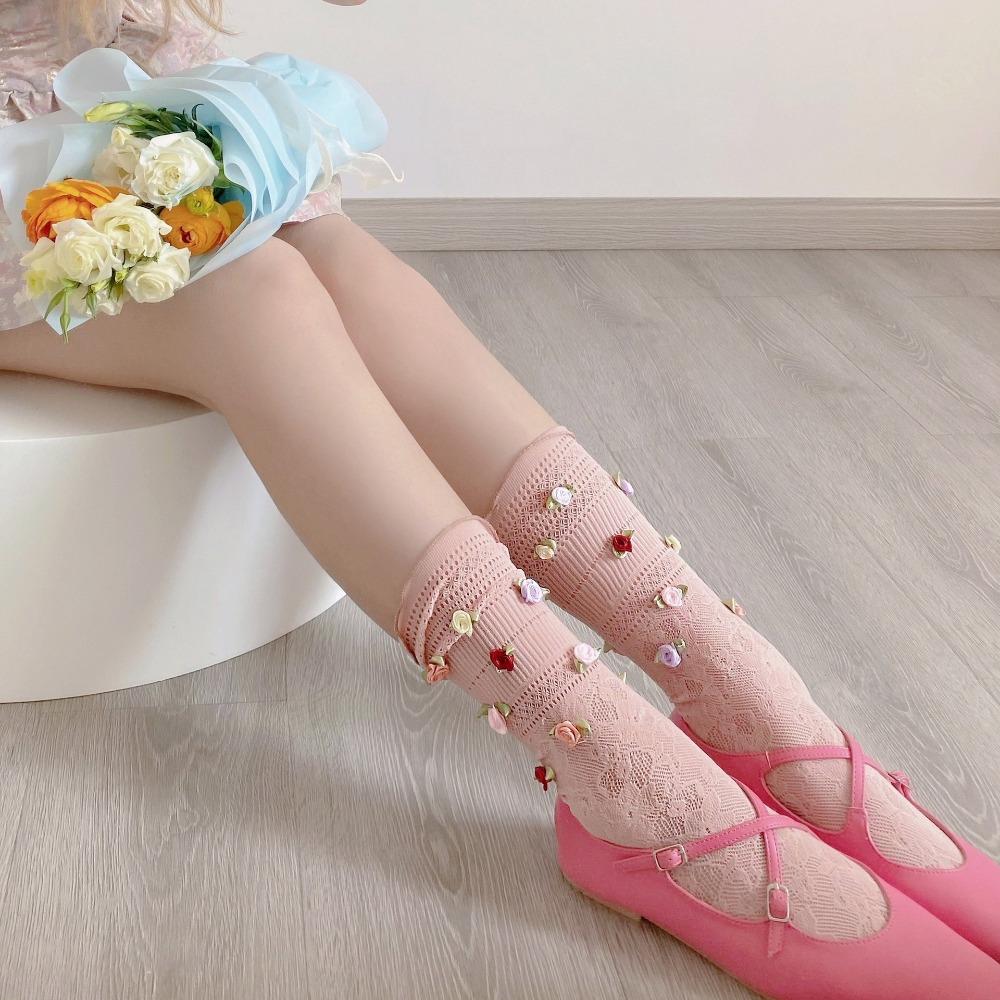Summer French Roses Cute Bright Flowers Girl Breathable Middle Tube Stacked Socks Long Socks Girl Socks