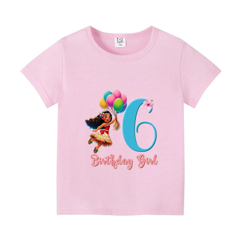 Moana 2 Cartoon Pattern Numbers Girls Cute T-shirts Kids Birthday Party Clothes 1-9 Print Child Tee Fashion Summer T Shirt Gifts