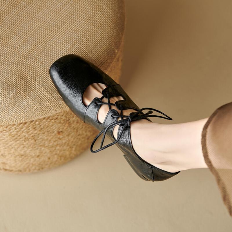 Fashion NEW Spring/Autumn Women Pumps Square Toe Chunky Heel Shoes Genuine Leather Shoes for Women Cross-tied Mary Janes Lace-up Shoes