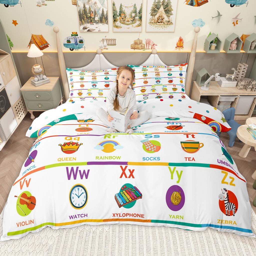 Homewish Kids Alphabet Duvet Cover Set For Boys Girls Monogrammed Bedding Set School Life Theme Comforter Cover Set