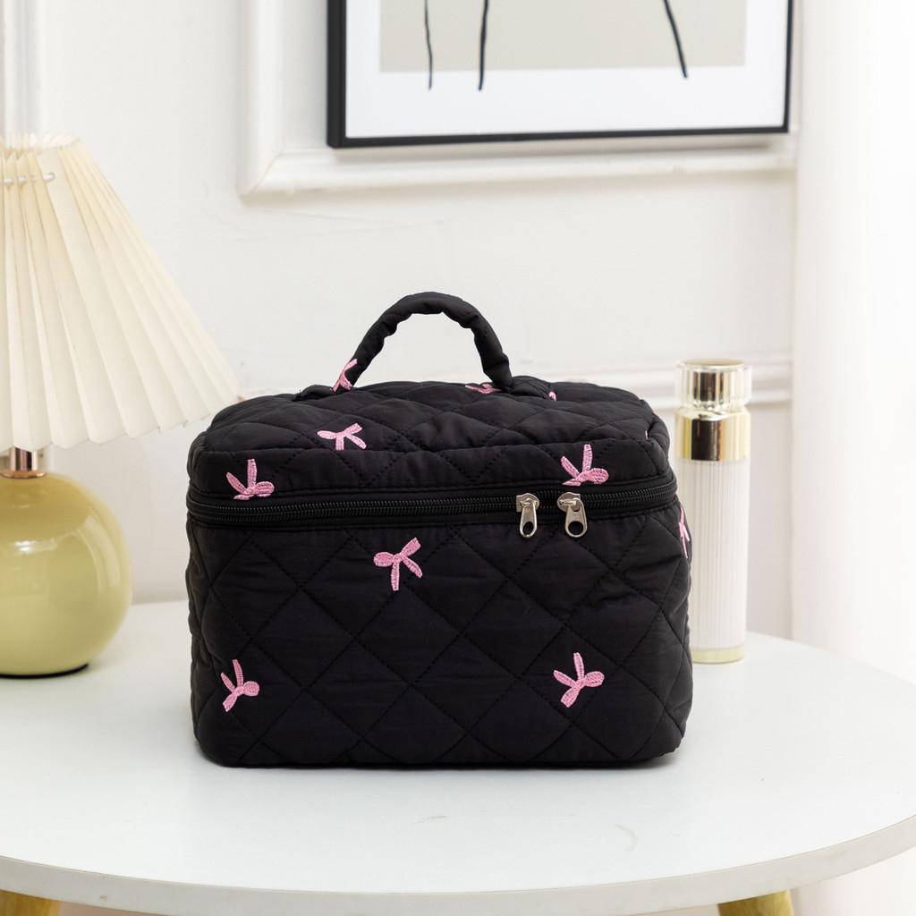 Floral Embroidered Bow Makeup Bag Large Capacity With Carry Handle For Daily Use