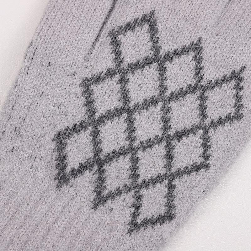 Invierno Pantalla Táctil Rombos Jacquard Cepillado Espesado Cinco Dedos Lana Guantes de Punto Lana Espesada Alpaca Guantes