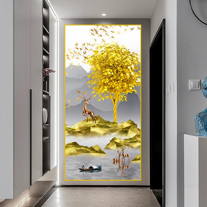 New Chinese Golden Deer Rich Tree Canvas Painting Wall Art Luxury Gold Flowers Posters Prints for Corridor Interior Decor Quadro
