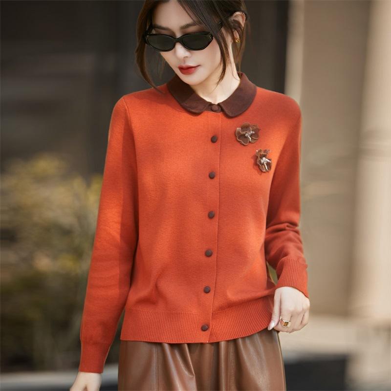 Autumn And Winter Worsted Wool Knitted Cardigan Women'S Lapel Small Fragrant Three-Dimensional Flower Jacket Color Matching Women'S Sweater