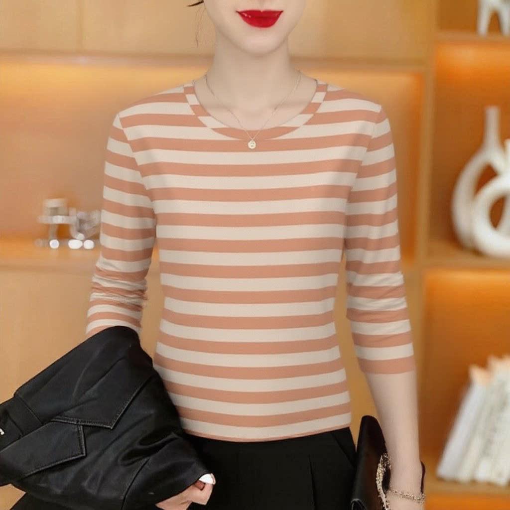 

Plus Size Striped Long-Sleeve T-Shirt for Middle-Aged & Elderly Women - Age-Reducing, Loose Fit, Round Neck Fashion Top XL