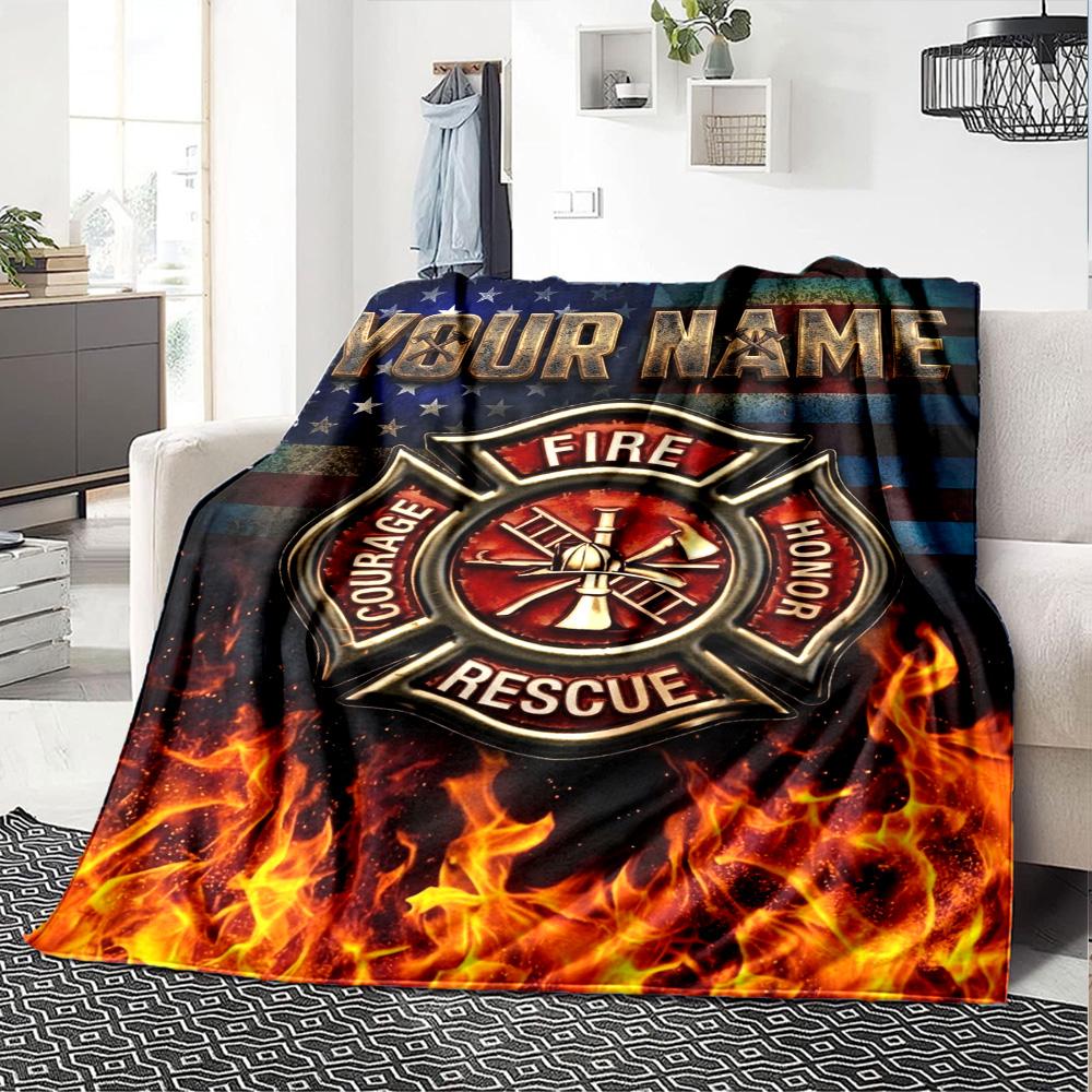Name Custom Firefighter Fire Rescue Print Flannel Blanket High Quality Warm Comfortable Cover for All Seasons Perfect for Gifts Home Decor