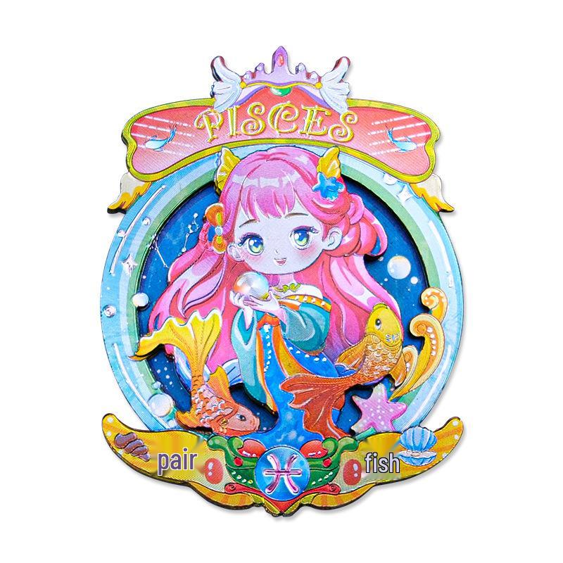 Soft Magnetic Wooden & Aluminum Foil Cartoon Zodiac Refrigerator Magnet Set