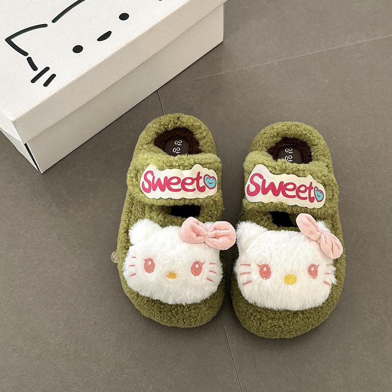 Versatile comfortable and warm girls fluffy shoes autumn and winter suede cute cartoon Hello Kitty casual thick-soled cotton slippers