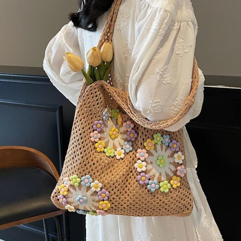 

Women s knitted hollow flower woven bag women s new flower shoulder seaside beach handbag one size fits all хаки