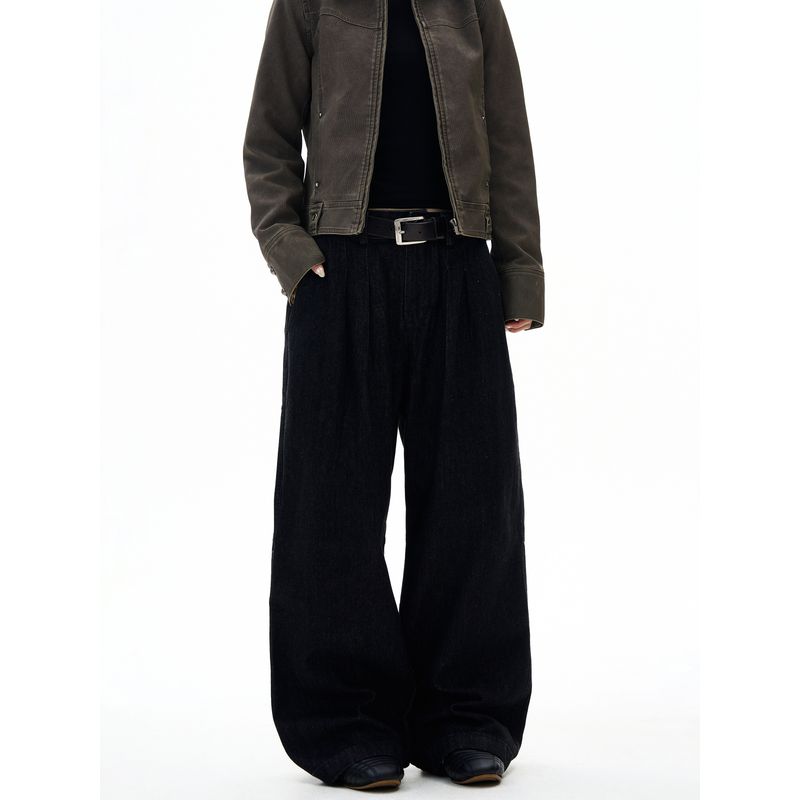 Kisko American Retro Washed Black Wide-Leg Double-Pleated Jeans Unisex Trendy Loose Versatile Floor-Length Pants