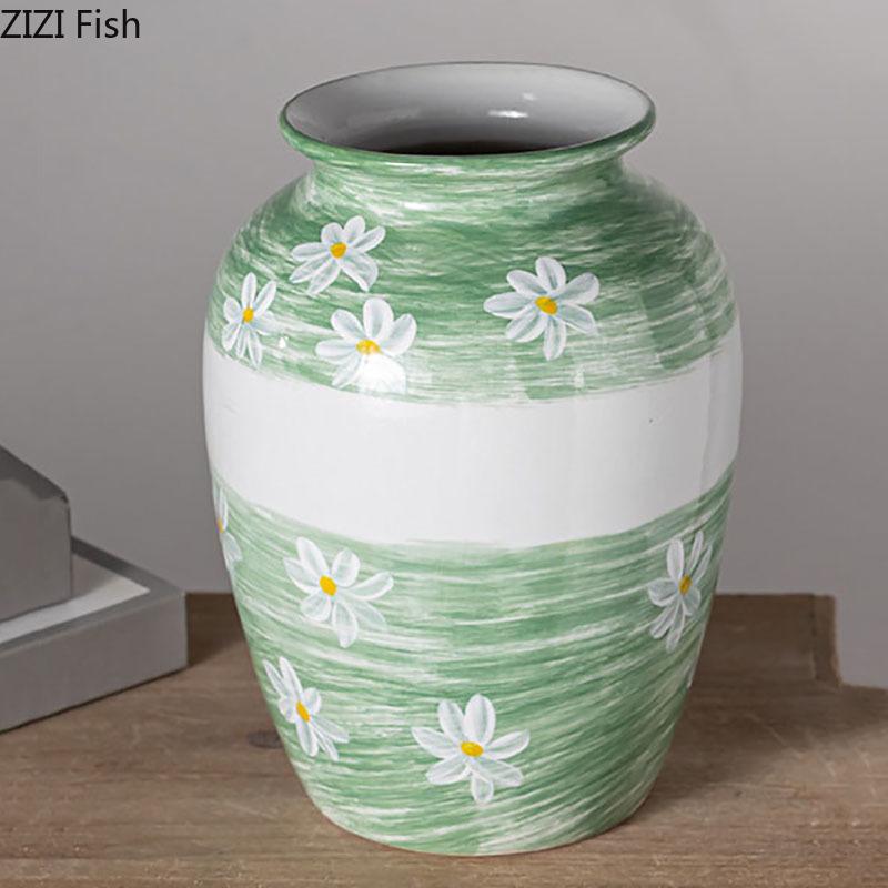White Flower Painted Ceramic Vase Potted Plant Table Decoration Ornament Flower Arrangement Floral Vases Room Aesthetic Decor