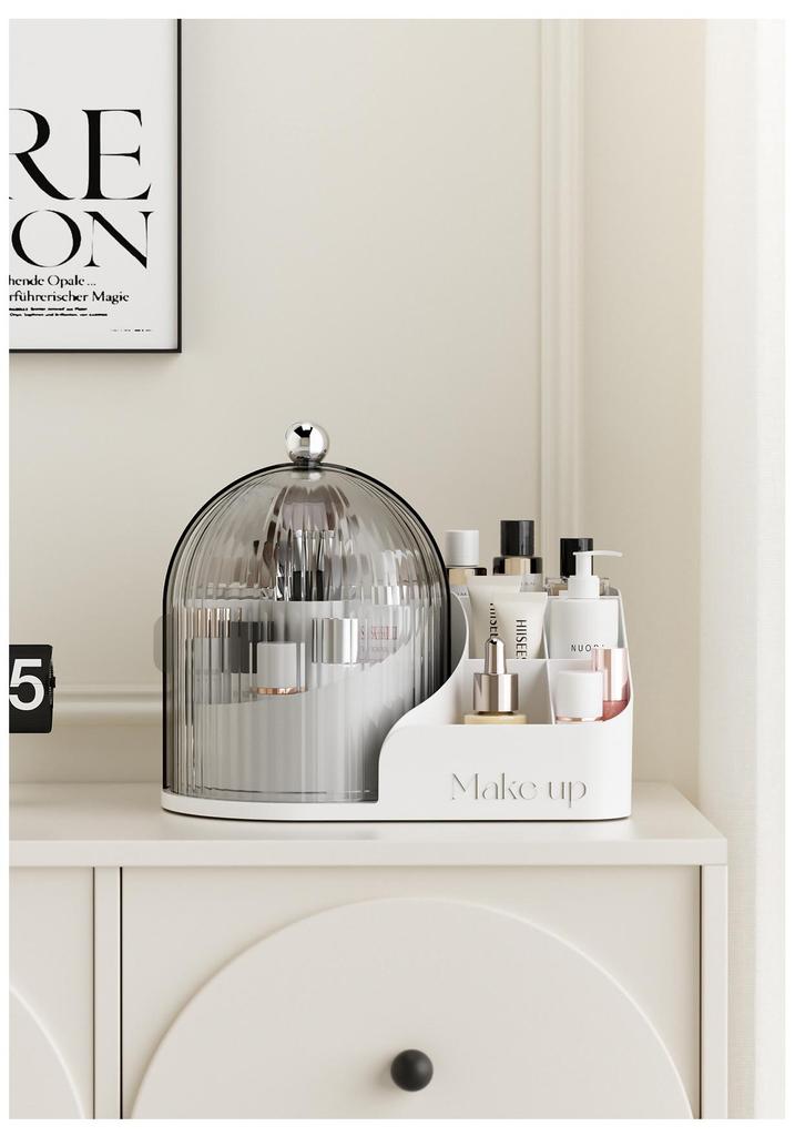 Transparent Rotating Makeup Organizer with Dustproof Compartments for Brushes, Lipsticks, and Eyebrow Pencils