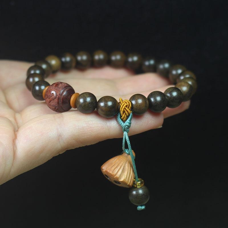 8mm Natural Wood Bead Bracelet Lotus Pendant Men Women Jewelry