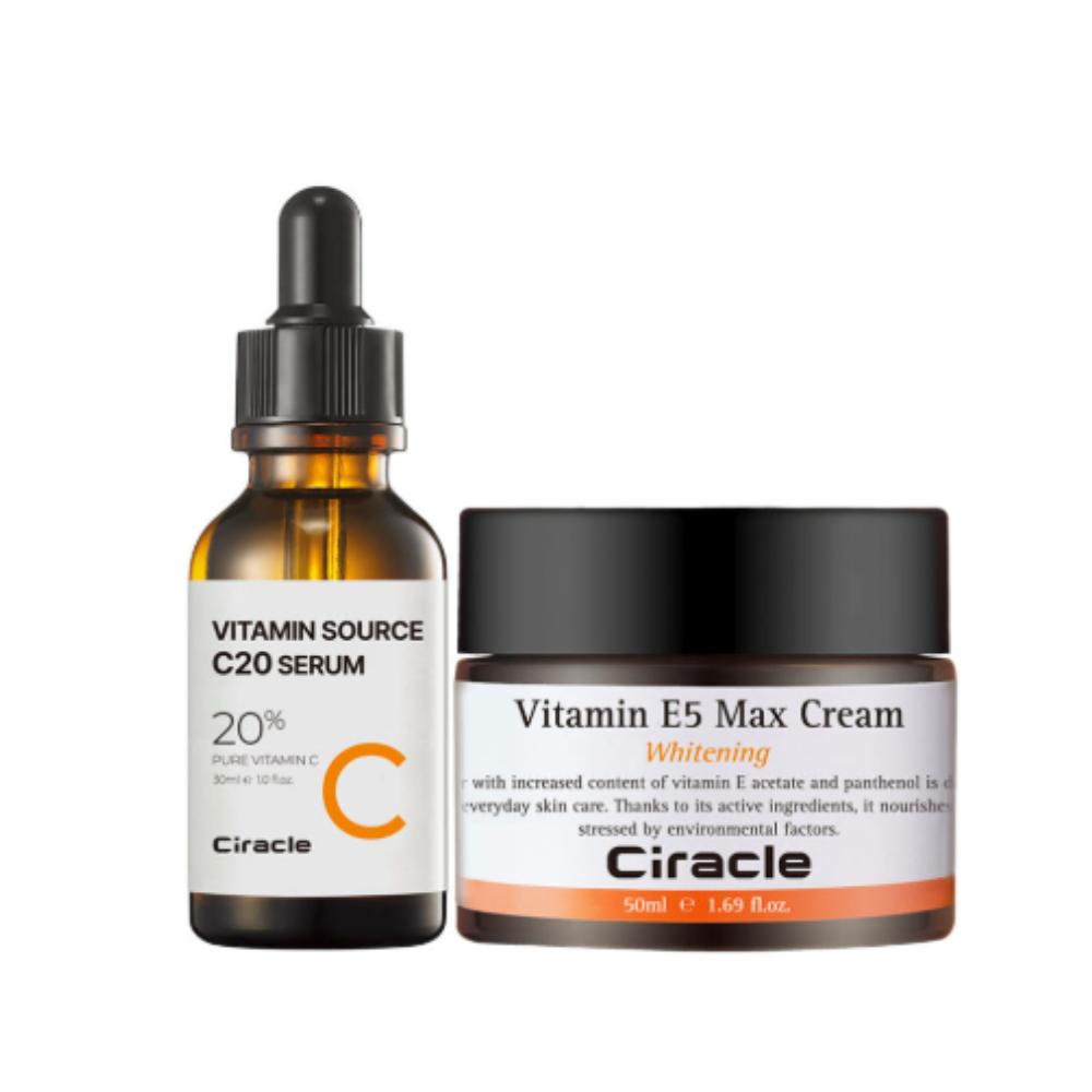 Ciracle Vitamin Source C-20 30ml + Vitamin E5 Max Cream 50ml Brightening & Antioxidant Synergy Set