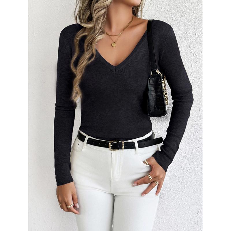 New Reversible V-Neck Long Sleeve Knitted Top Solid Color Round Neck Wool Blend Pullover Sweater Base Shirt