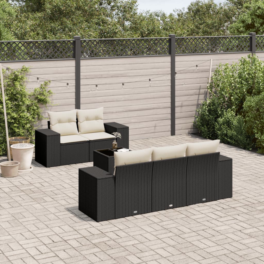 Vidaxl 6-Cz. Gartenmöbel-Set mit Kissen, Schwarzer Polyrattan
