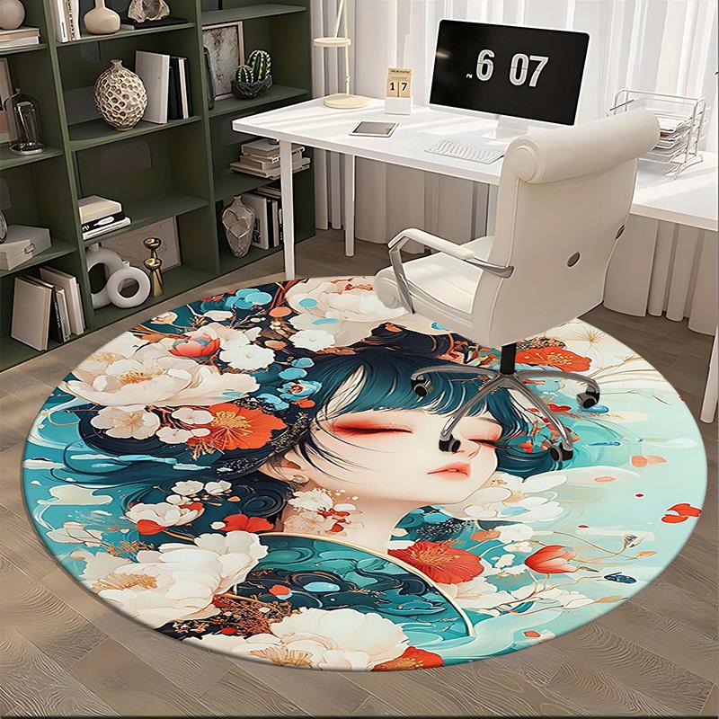 1pc Anime Design Round Carpet Floral Fantasy Chair Mat for Office, Home Decor, Living Room, Bedroom