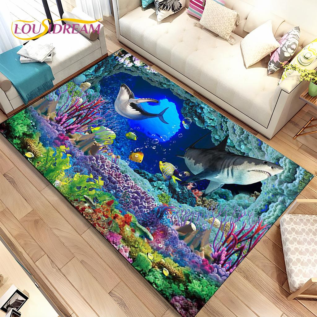3D-Illusion, Meeresboden, Unterwasserwelt, Delfin, Hai, Teppich, Teppich für Wohnzimmer, Schlafzimmer, Sofa, Fußmatte, rutschfeste Bodenmatte