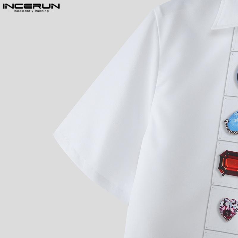 INCERUN Men Lapel Neck Short Sleeve Printing Casual Loose Cropped Shirts