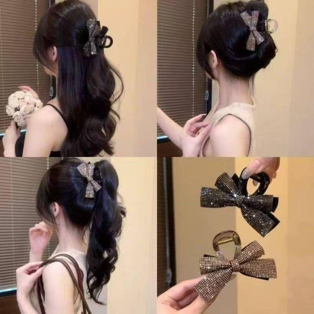 Simple Bow Hair Clip Full Diamond High Ponytail Clip Fashion Diamond Bow Daily Wear