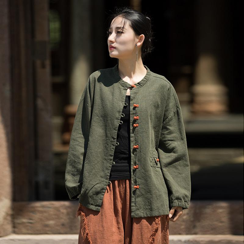 Johnature Women Vintage Shirts Tops Stand Long Sleeve Blouses Autumn Button Solid Color Chinese Style Shirts
