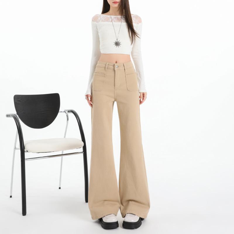 Coffee high-waisted and slightly pulled jeans women's autumn new small loose and thin flared pants without sticking to the legs