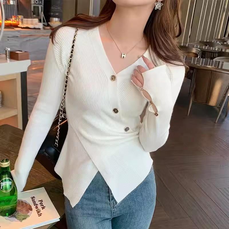 Irregular Design Sense of Women's Long-sleeved Pullover Sweater, Autumn and Winter High-end Sense of Slim Slimming V-neck Sweater Top 2424#