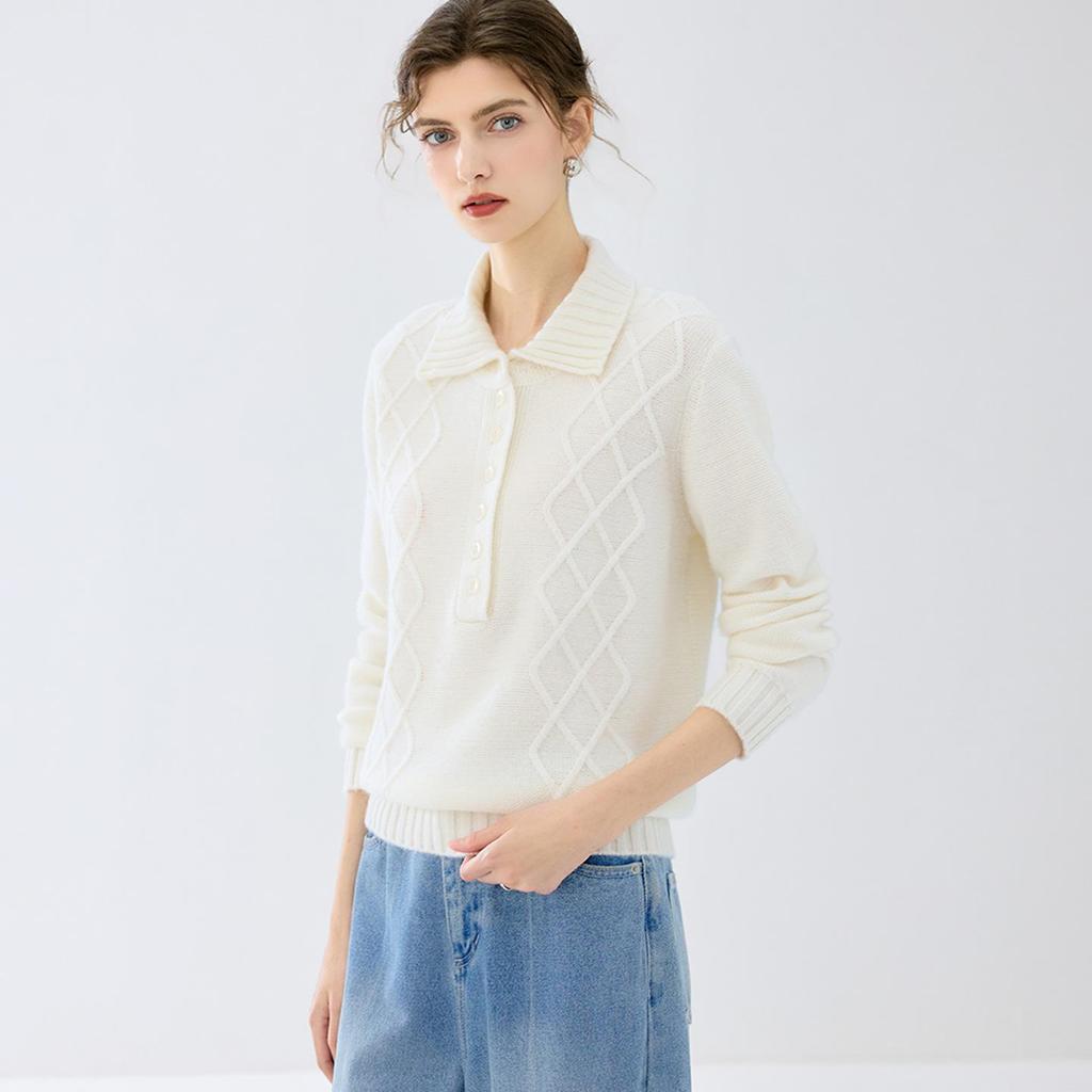 Cashmere Cable Knit Polo Collar Loose Long-Sleeve Sweater for Autumn/Winter