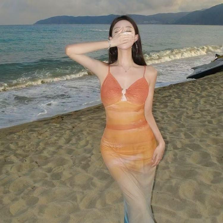Sexy babes mesh printing suspender dress women 2026 summer new holiday gradual change color hollow dress S
