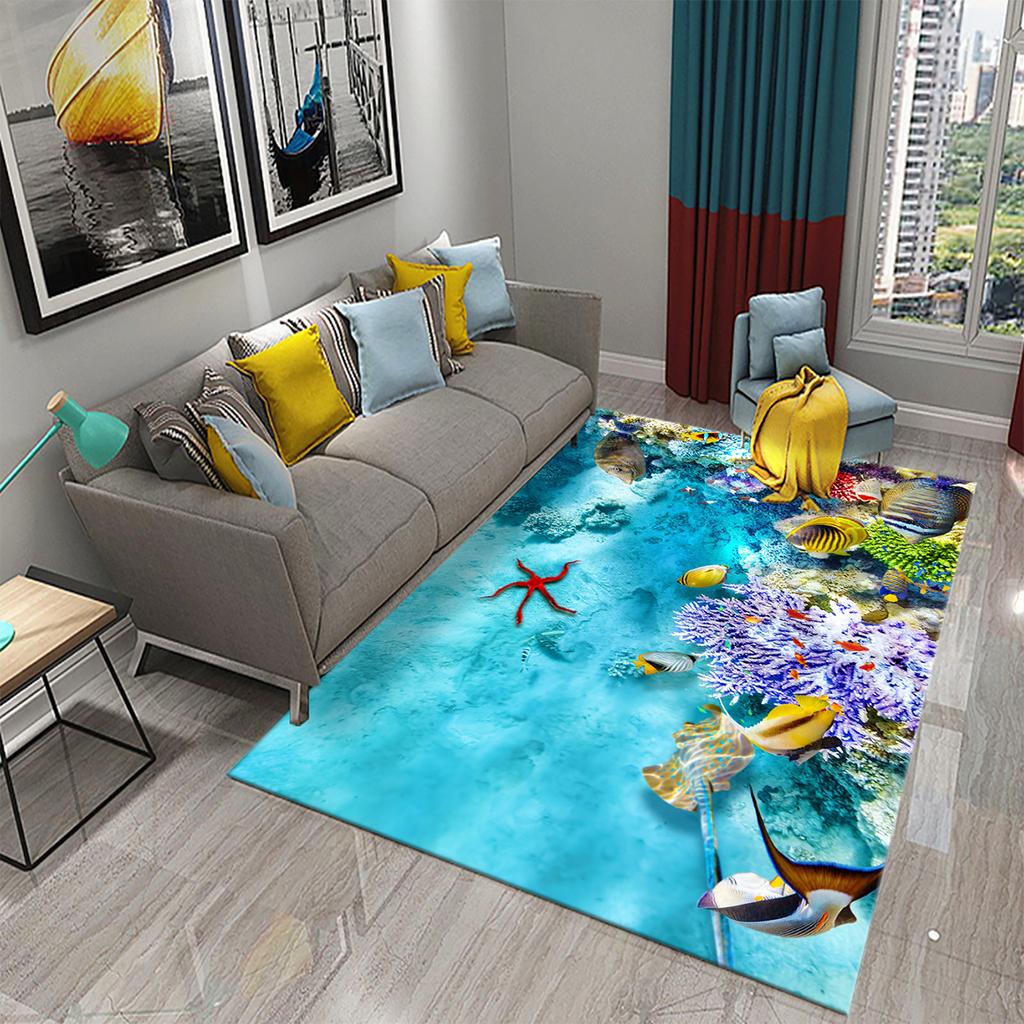 Underwater World Ocean Theme Carpet Cute Dolphin Octopus Sea Turtle Pattern Anti-slip Floor Mat for Living Room Bedroom Bathroom