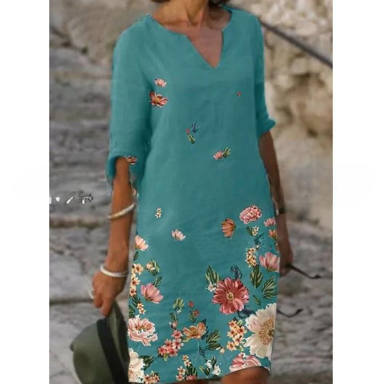 

YYFS Женская мода Лето Весна Цветочный узор Принт Рукава 1/2 V-образный вырез Свободная талия Повседневные платья XXL светло-синий