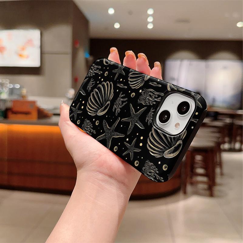 Elegant Ocean Black Gold Starfish Seashell Coral Graphic Art Film Aesthetic Protective Shockproof Bumper Phone Cover For iPhone 14 15 16 Pro Max Plus