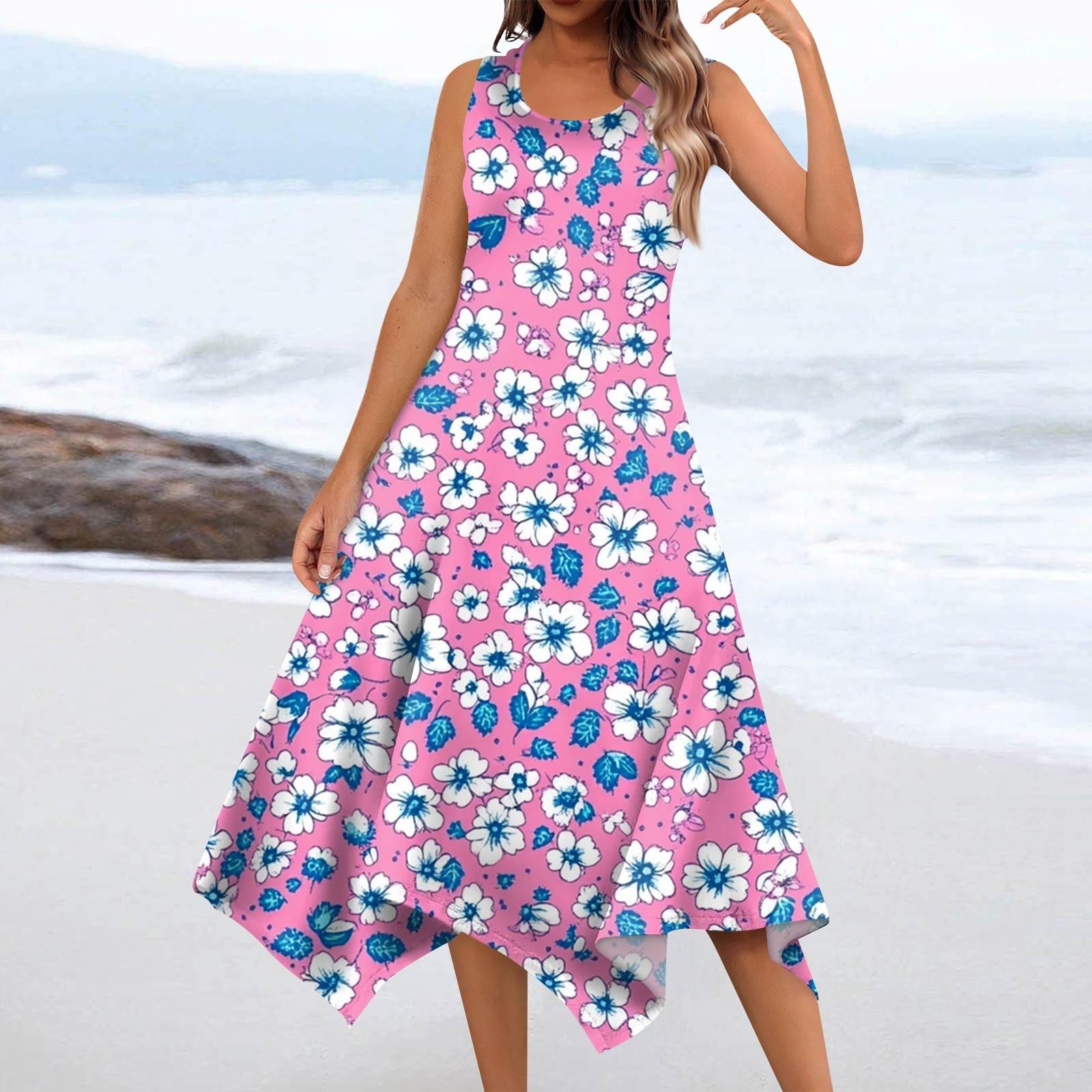 

Women s Summer Fashion Round Neck Sleeveless Floral Print Irregular Hem Midi Dresses S