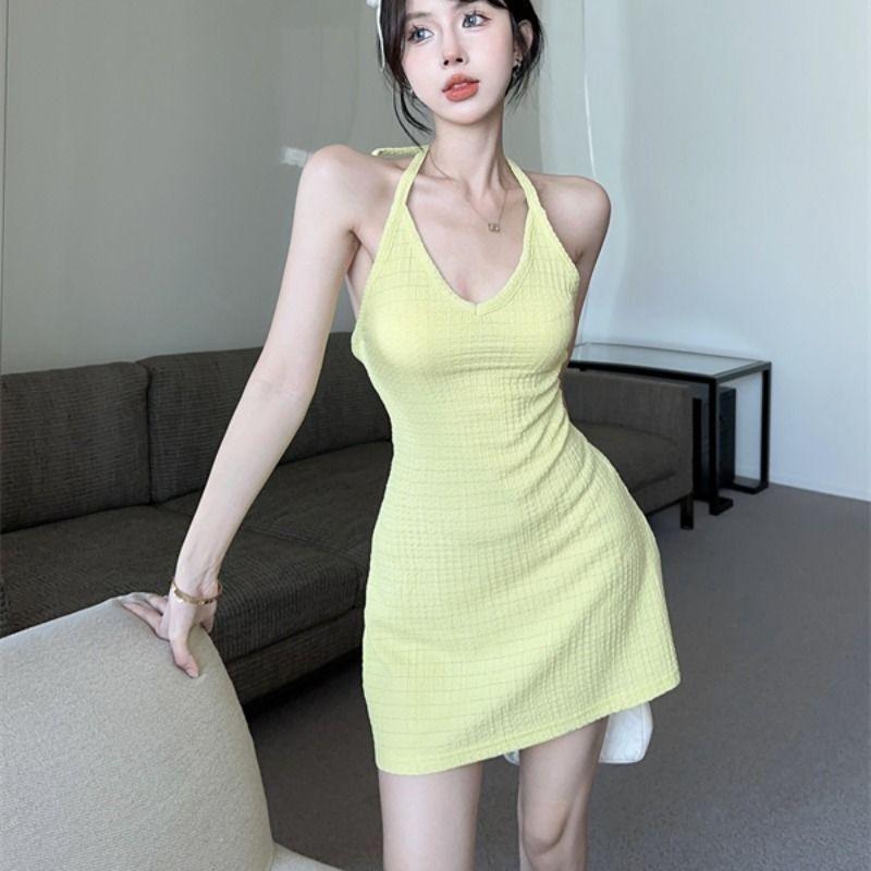 Xia Small Low Chest V-Neck Hanging Neck Suspender Dress Female Pure Desire Spice Girl Sexy Hip Wrap Tub Top Sleeveless Skirt