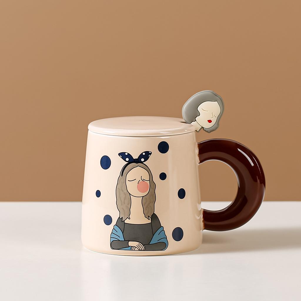 Cartoon Ceramic Cup with Lid Spoon Modern Girl Mug Creative Contrasting Color Breakfast Cup Household Water Cup Couple Cup