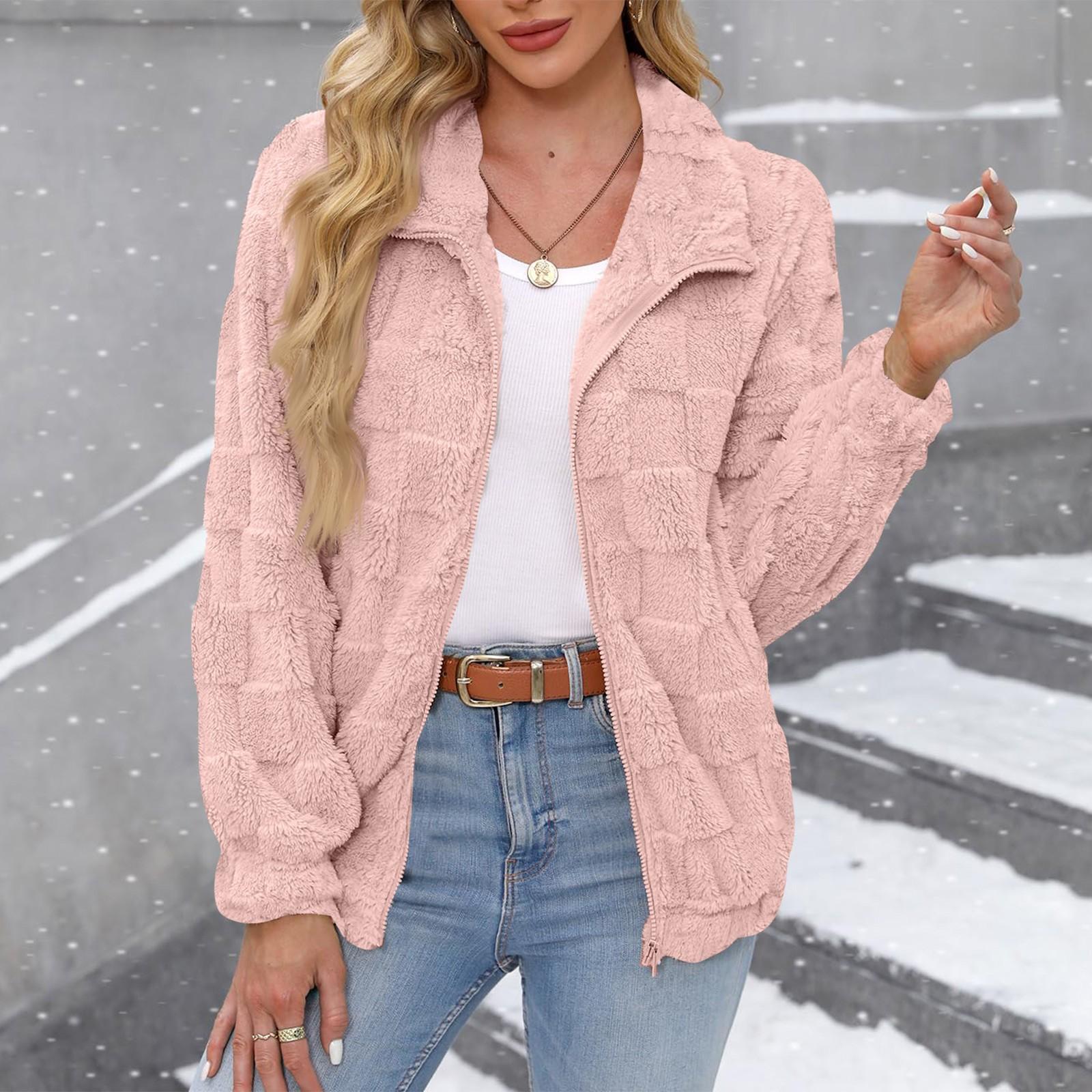 

Женская однотонная куртка с длинным рукавом и молнией, мягкая, теплая, плюшевая S розовый