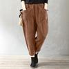 Women's Elastic High Waist Corduroy Harem Pants Loose Fit Solid Color Patch Pocket Casual Ankle Trousers