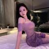 Sexy Purple Lace See Through Off Shoulder Cheongsam Style Lingerie Nightdress For Women