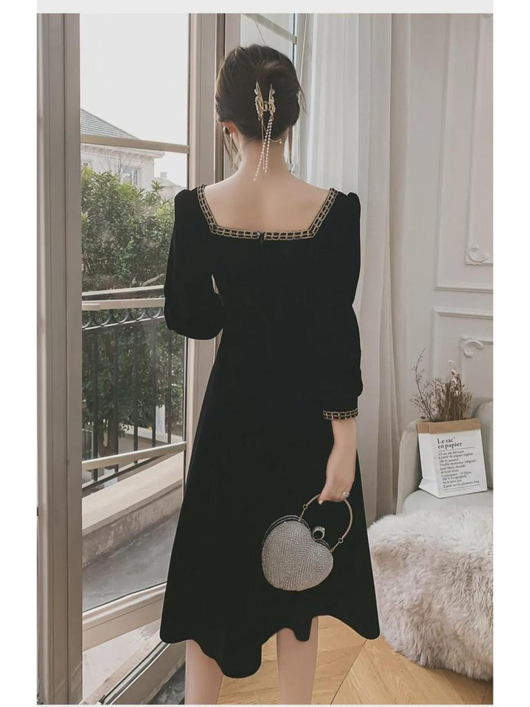 2022 Elegant Black Evening Dress for French Annual Meeting, Light Luxury Host Dress for Women