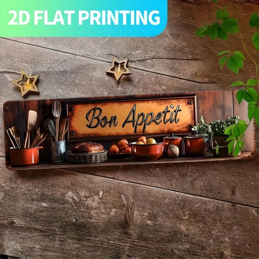 Vintage French Bon Appétit Metal Wall Sign, Rustic Farmhouse Kitchen Decor, Pre-Drilled Holes, 15.7x3.9 Flat Wall Art