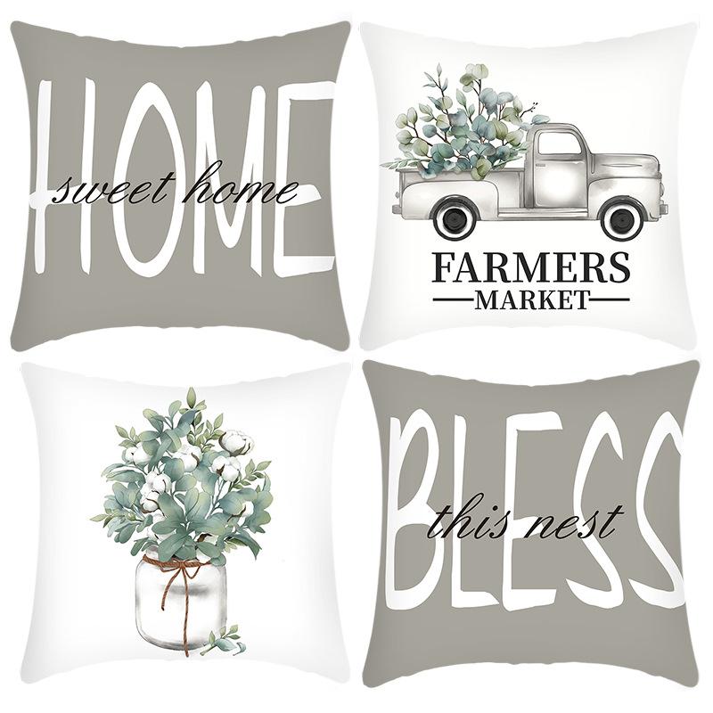 New Green Plant Letter Printing Green Plant Small White Flower Print Pillow Home Sofa Cushion Cover