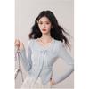 Kumikumi Women's Chic Blue Lace Tie-Up Long Sleeve Autumn Two-Piece Slimming T-Shirt